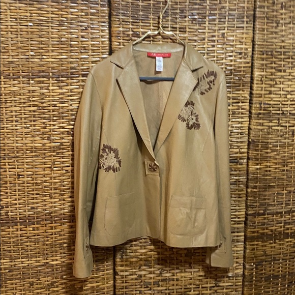EUC Anne Klein Tan Leather brown leather Embroidery Blazer Jacket L - Picture 7 of 8